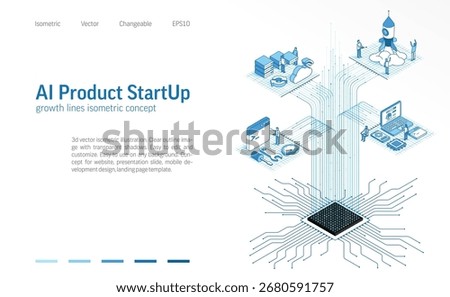 AI Product startup isometric line icon illustration. Digital data growth, business people teamwork concept. Start up system process, chip connection background. Innovation development 3d vector design
