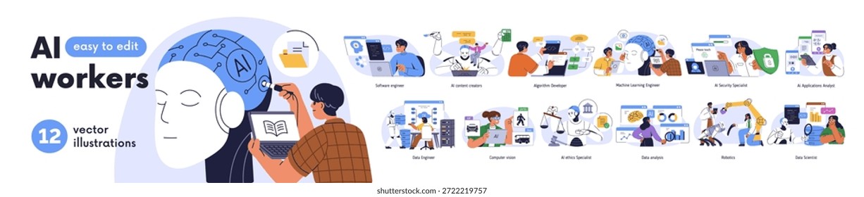 AI professions, artificial intelligence workers set. Software engineers, digital data analyst, robotics specialists, scientists. Machine learning. Flat vector illustration isolated on white background