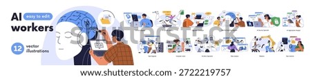 AI professions, artificial intelligence workers set. Software engineers, digital data analyst, robotics specialists, scientists. Machine learning. Flat vector illustration isolated on white background