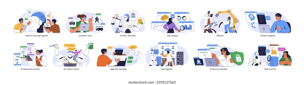 AI professions set. Artificial intelligence workers, machine learning, software engineers, digital data analyst, robotics specialists, scientists. Flat vector illustration isolated on white background