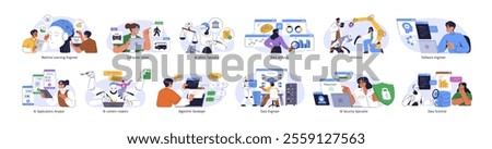 AI professions set. Artificial intelligence workers, machine learning, software engineers, digital data analyst, robotics specialists, scientists. Flat vector illustration isolated on white background