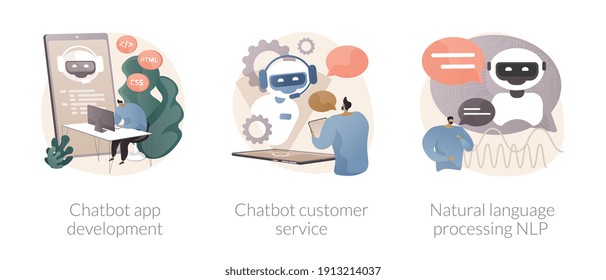 AI Programming Abstract Concept Vector Illustration Set. Chatbot App Development, Customer Service, Natural Language Processing, Client Support, Web Chat, Machine Learning Abstract Metaphor.