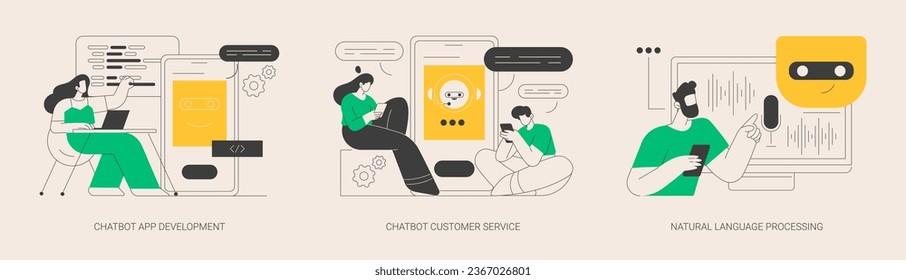 AI programming abstract concept vector illustration set. Chatbot app development, customer service, natural language processing, client support, web chat, machine learning abstract metaphor.