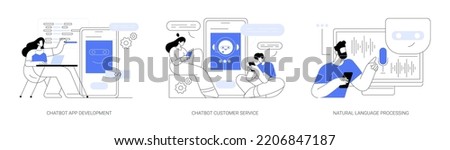 AI programming abstract concept vector illustration set. Chatbot app development, customer service, natural language processing, client support, web chat, machine learning abstract metaphor.