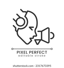 AI promotes pixel perfect linear icon. Advertising optimization. Personalized marketing campaigns. Machine learning. Thin line illustration. Contour symbol. Vector outline drawing. Editable stroke