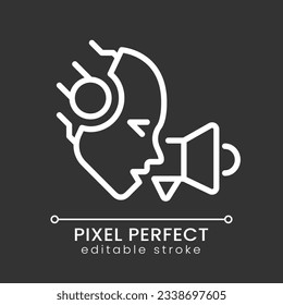AI promotes pixel perfect white linear icon for dark theme. Advertising optimization. Personalized marketing campaigns. Thin line illustration. Isolated symbol for night mode. Editable stroke