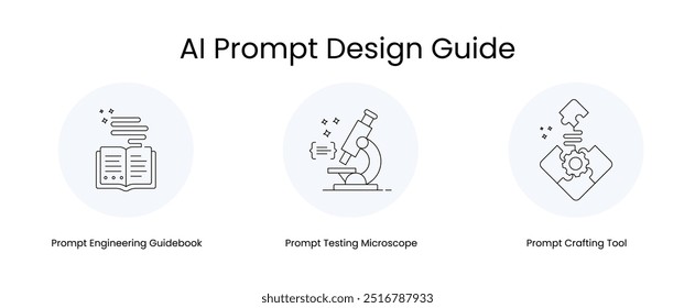 AI Prompt Design Guide - Icons Representing: Prompt Engineering Guidebook, Prompt Testing Microscope, Prompt Crafting Tool.