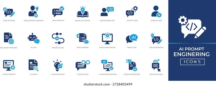AI Prompt Engineering solid icon set for Generative AI interface, LLM optimization, prompt crafting, context control and machine learning UI.