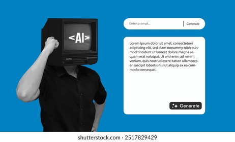 AI prompt generator retro user interface mockup and template for mobile app, web browser, banner. Person with TV head representing artificial intelligence posing. Flat vector illustration.