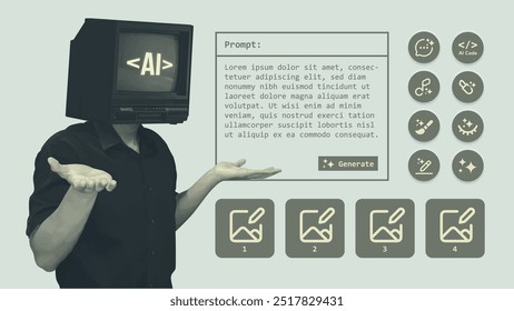 AI prompt generator retro user interface mockup and template for mobile app, web browser, banner. Person with TV head representing artificial intelligence posing. Flat vector illustration.