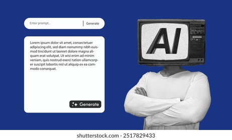 AI prompt generator retro user interface mockup and template for mobile app, web browser, banner. Person with TV head representing artificial intelligence posing. Flat vector illustration.