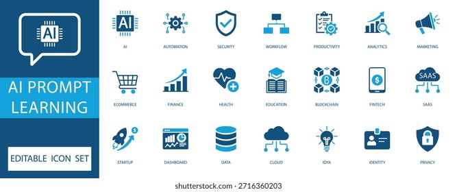 AI pronto aprendizado e tecnologia de negócios ícone conjunto. Ícones planos azuis para automação, finanças, SaaS, marketing e transformação digital para design de aplicativos e Web.