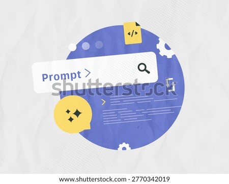 AI prompt with text input and content generation in digital interface. Prompt engineering workflow with AI content generation and text processing system vector illustration