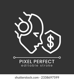 AI protects pixel perfect white linear icon for dark theme. Credit card fraud detection. Artificial intelligence solution. Thin line illustration. Isolated symbol for night mode. Editable stroke