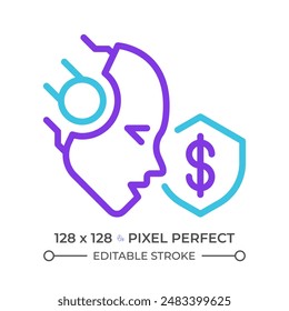 AI protects two color line icon. Credit card fraud detection. Artificial intelligence solution. Bank security bicolor outline symbol. Duotone linear pictogram. Isolated illustration. Editable stroke