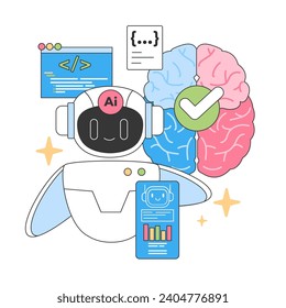 AI prowess in action. Smiling robot with a brain interface showcases coding and analytics skills. Integration of artificial intelligence and human cognition. Flat vector illustration.