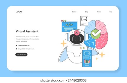 AI prowess in action. Smiling robot with a brain interface showcases coding and analytics skills. Integration of artificial intelligence and human cognition. Flat vector illustration.