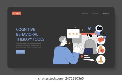 AI in Psychology concept. Digital interface for cognitive behavioral therapy with human and chatbot interaction. Mental health, emotion analysis, therapy innovation. Vector illustration.