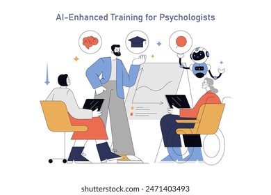 AI in Psychology concept. Educational training scene with psychologists learning from AI technology, improving mental health care. Vector illustration.