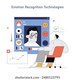 La IA en el concepto de psicología. Una ilustración de la tecnología de reconocimiento de emociones con un hombre que analiza las expresiones faciales. Monitoreo de respuestas emocionales con IA. Ilustración vectorial.