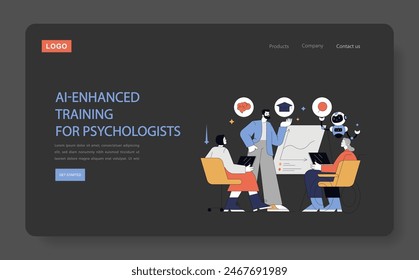 AI in psychology concept. Professionals interact with advanced technology for enhanced learning. Modern educational methods in mental health. Vector illustration.