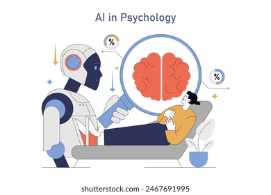 In: AI in Psychology Concept. Ein Roboter, der die Gehirnfunktion eines Menschen mit einer Lupe analysiert. Die Integration von Technologie in die psychische Gesundheit. Vektorillustration.