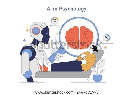 AI in Psychology concept. A robot analyzing a human's brain function with magnifying glass. The integration of technology in mental health. Vector illustration.