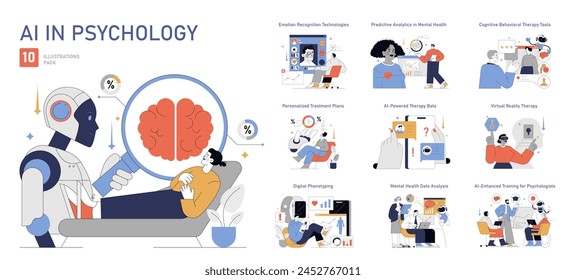 AI in Psychology set. Integration of artificial intelligence in mental health practices. Emotional recognition, predictive analytics, and therapeutic robotics. Vector illustration.