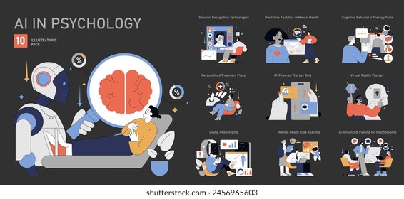 AI en el conjunto de Psicología. Integración de la inteligencia artificial en la atención de la salud mental. Ilustrando reconocimiento emocional, análisis predictivo y terapia virtual. Ilustración vectorial.