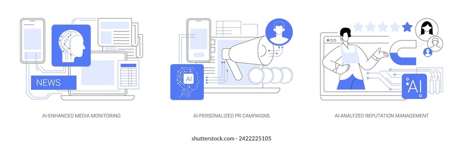 AI in Public Relations abstract concept vector illustration set. AI-Enhanced Media Monitoring, AI-Personalized PR Campaigns, AI-Analyzed brand online Reputation Management abstract metaphor.