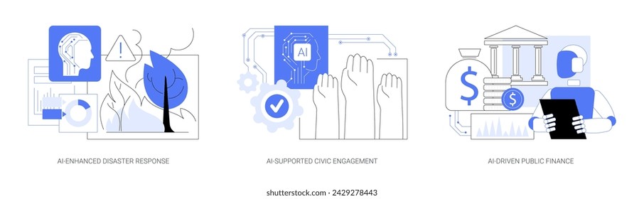 AI in Public Services abstract concept vector illustration set. AI-Enhanced Disaster Response, AI-Supported Civic Engagement, AI-Driven Public Finance, accounting and budgeting abstract metaphor.