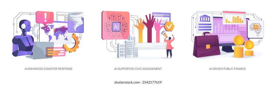 AI in Public Services abstract concept vector illustration set. AI-Enhanced Disaster Response, AI-Supported Civic Engagement, AI-Driven Public Finance, accounting and budgeting abstract metaphor.