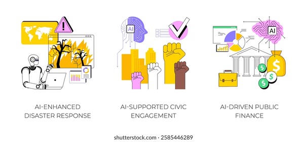 AI in Public Services abstract concept vector illustration set. AI-Enhanced Disaster Response, AI-Supported Civic Engagement, AI-Driven Public Finance, accounting and budgeting abstract metaphor.