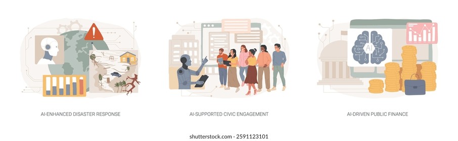 AI in Public Services abstract concept vector illustration set. AI-Enhanced Disaster Response, AI-Supported Civic Engagement, AI-Driven Public Finance, accounting and budgeting abstract metaphor.