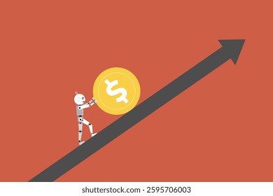 AI pushing big dollar coin up on arrow. intelligence and finance