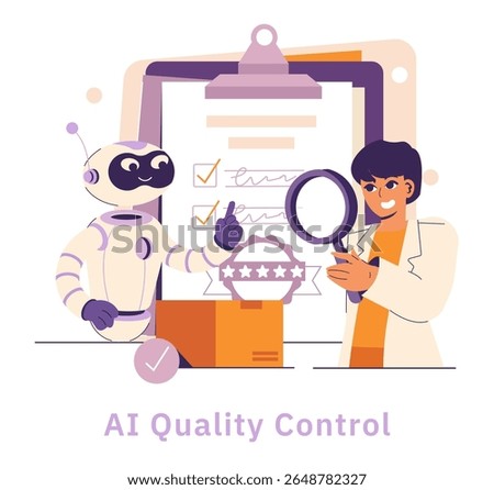AI quality control in manufacturing combines human expertise with robotic efficiency. The illustration portrays a robot and a technician ensuring product quality through meticulous inspections.