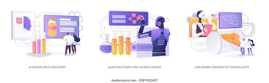 AI and Quantum Advancing Medicine abstract concept vector illustration set. Accelerated drug discovery, quantum molecular simulations, and bioengineered organ transplants. abstract metaphor.