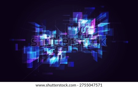 AI quantum tunnel background. Abstract 3D grid. Digital tech portal perspective. Matrix neon aesthetic, big data cyber network, science. Futuristic blue-purple code squares. Laser particles explosion