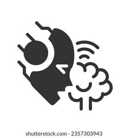 AI reads minds black linear glyph icon. Interpret brain signals. Decoding thoughts. Artificially intelligent. Negative space silhouette symbol. Solid pictogram. Vector isolated illustration