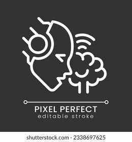 AI reads minds pixel perfect white linear icon for dark theme. Interpret brain signals. Artificially intelligent. Thin line illustration. Isolated symbol for night mode. Editable stroke
