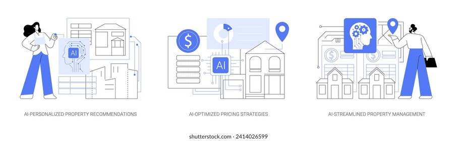 AI in Real Estate abstract concept vector illustration set. AI-Personalized Property Recommendation, AI-Optimized Pricing Strategies, rental rate, AI-Streamlined Property Management abstract metaphor.