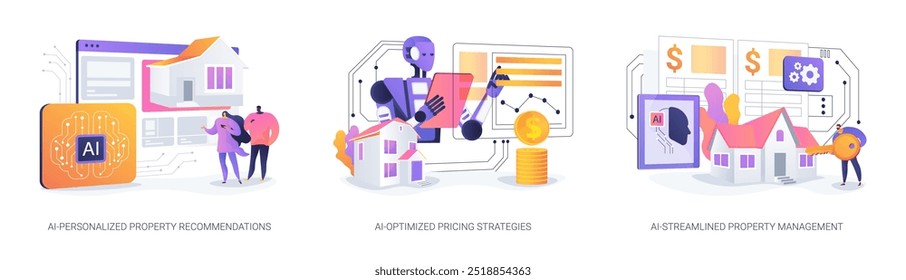 AI in Real Estate conceito abstrato vetor ilustração conjunto. AI-Personalized Property Recommendation, AI-Otimized Pricing Strategies, taxa de aluguer, AI-Streamline Property Management abstract metaphor.