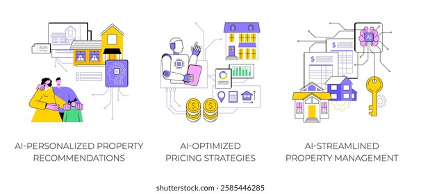 AI in Real Estate abstract concept vector illustration set. AI-Personalized Property Recommendation, AI-Optimized Pricing Strategies, rental rate, AI-Streamlined Property Management abstract metaphor.