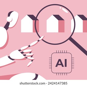 AI in real estate. Robot with Artificial Intelligence will search for suitable housing. Flat vector illustration.