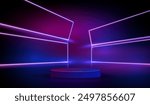 Ai realistic podium with glowing neon lamps and light lines in futuristic gaming design. Display scene game for presentation gamer. Empty show room with 3d stage vector background.