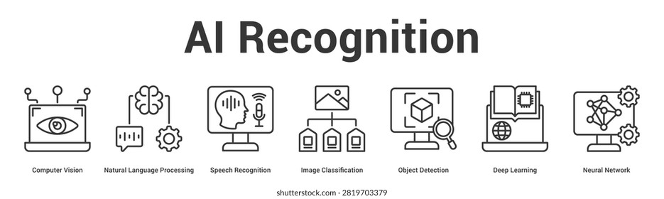 AI Recognition web banner icon vector illustration concept for business with icon of Computer Vision, Natural Language Processing, Speech Recognition, Image Classification, Object Detection, Deep.