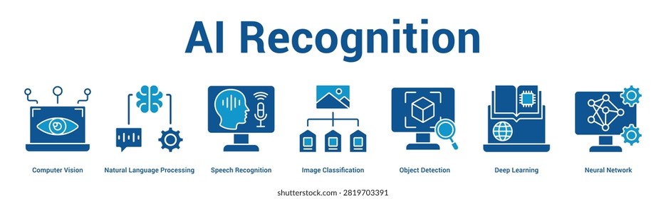 AI Recognition web banner icon vector illustration concept for business with icon of Computer Vision, Natural Language Processing, Speech Recognition, Image Classification, Object Detection, Deep.