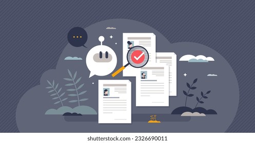 AI in recruitment and artificial intelligence usage in HR tiny person concept. Human resources automation and CV resume or application letter professional qualification check vector illustration.