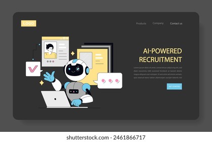 AI in recruitment concept. Illustration of a robot evaluating candidate profiles on a laptop, representing automated hiring processes. Vector illustration.