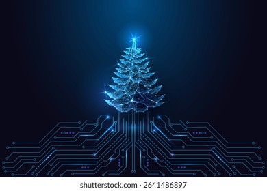 AI reforestation and smart forestry concept with glowing digital tree rooted in circuit board. Symbol of nature-tech synergy for forest monitoring and climate solutions. Futuristic vector illustration